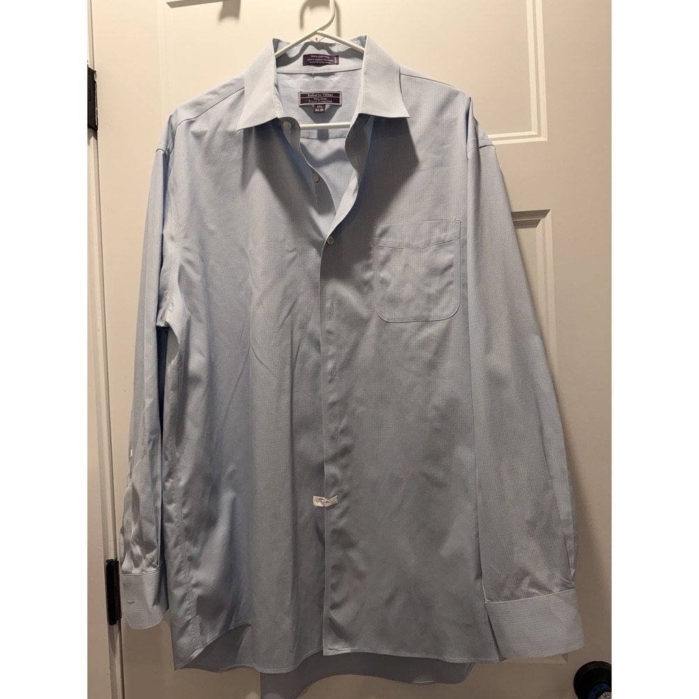 Roberto Villini Non-Iron Travel Shirt 17.5 34/35 Blue Cotton‎ Single Needle